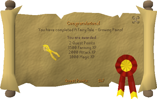 Quest completion scroll of A Fairy Tale Part I - Growing Pains